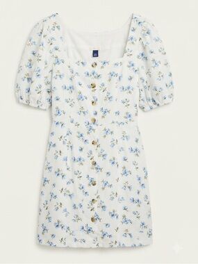 Old Navy Puff-Sleeve Linen-Blend Floral Mini Dress White Blue Button Square Neck